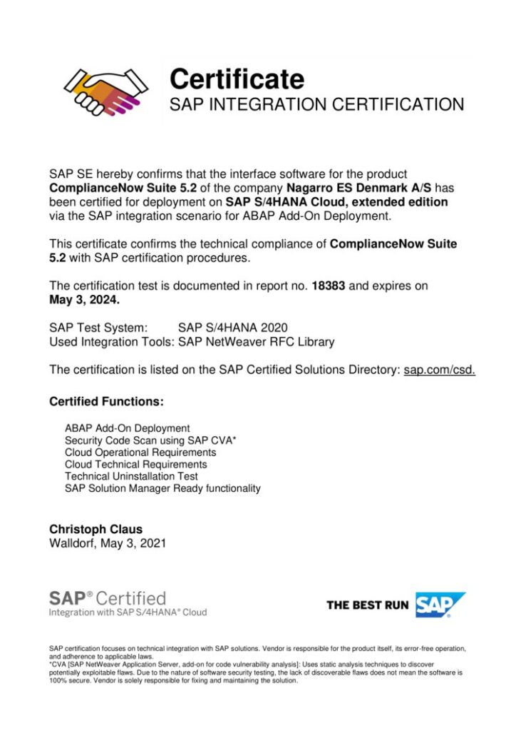 Certificate of Integration with SAP S/4HANA Cloud extended edition 2020
